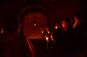 Candle-lit journey in the crypt at Chartres Cathedral