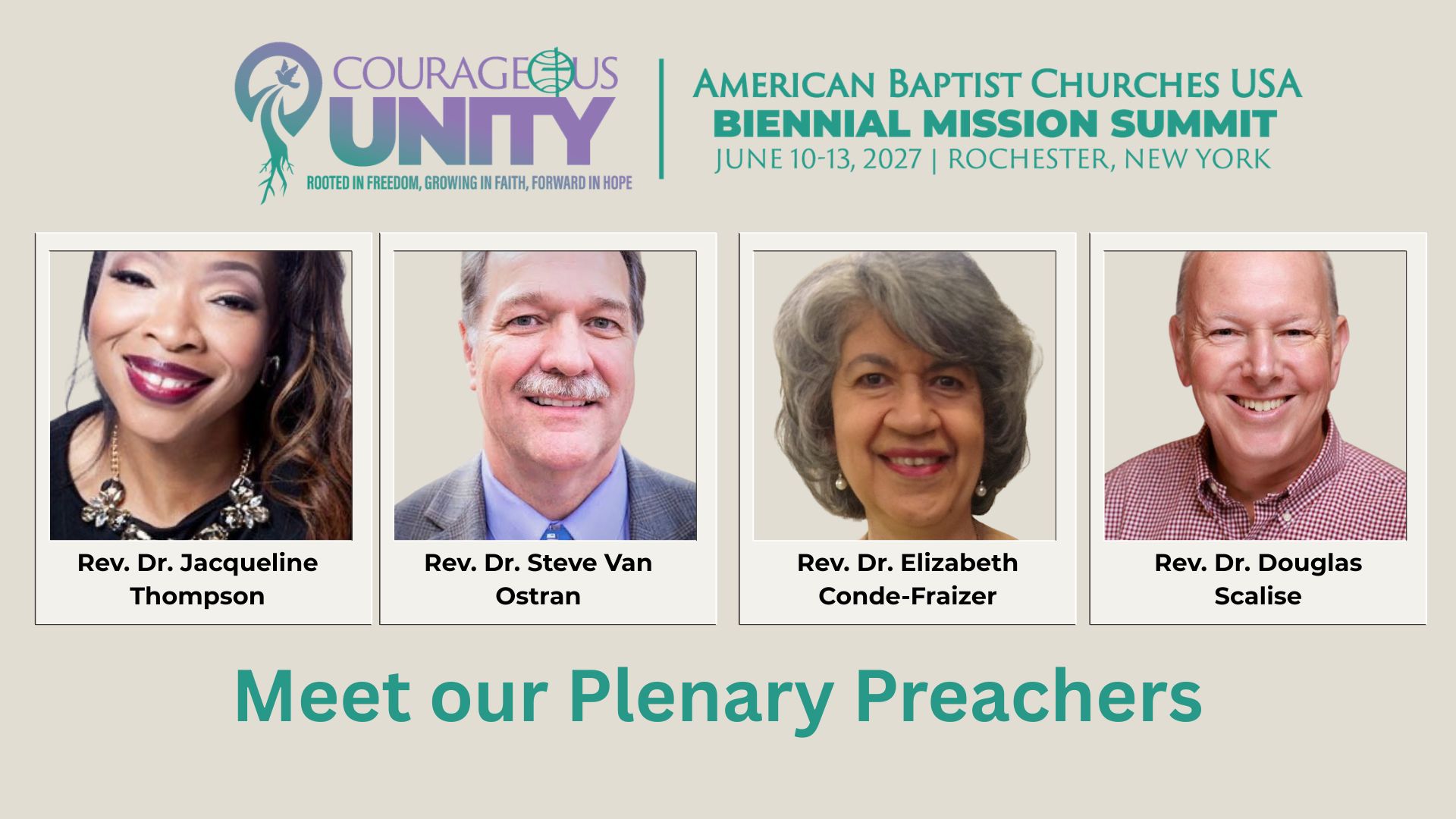 Meet our Plenary Preachers — 2027 Biennial Mission Summit: Rev. Dr. Jacqueline Thompson, Rev. Dr. Steve Van Ostran, Rev. Dr. Elizabeth Conde-Frazier and Rev. Dr. Douglas Scalise